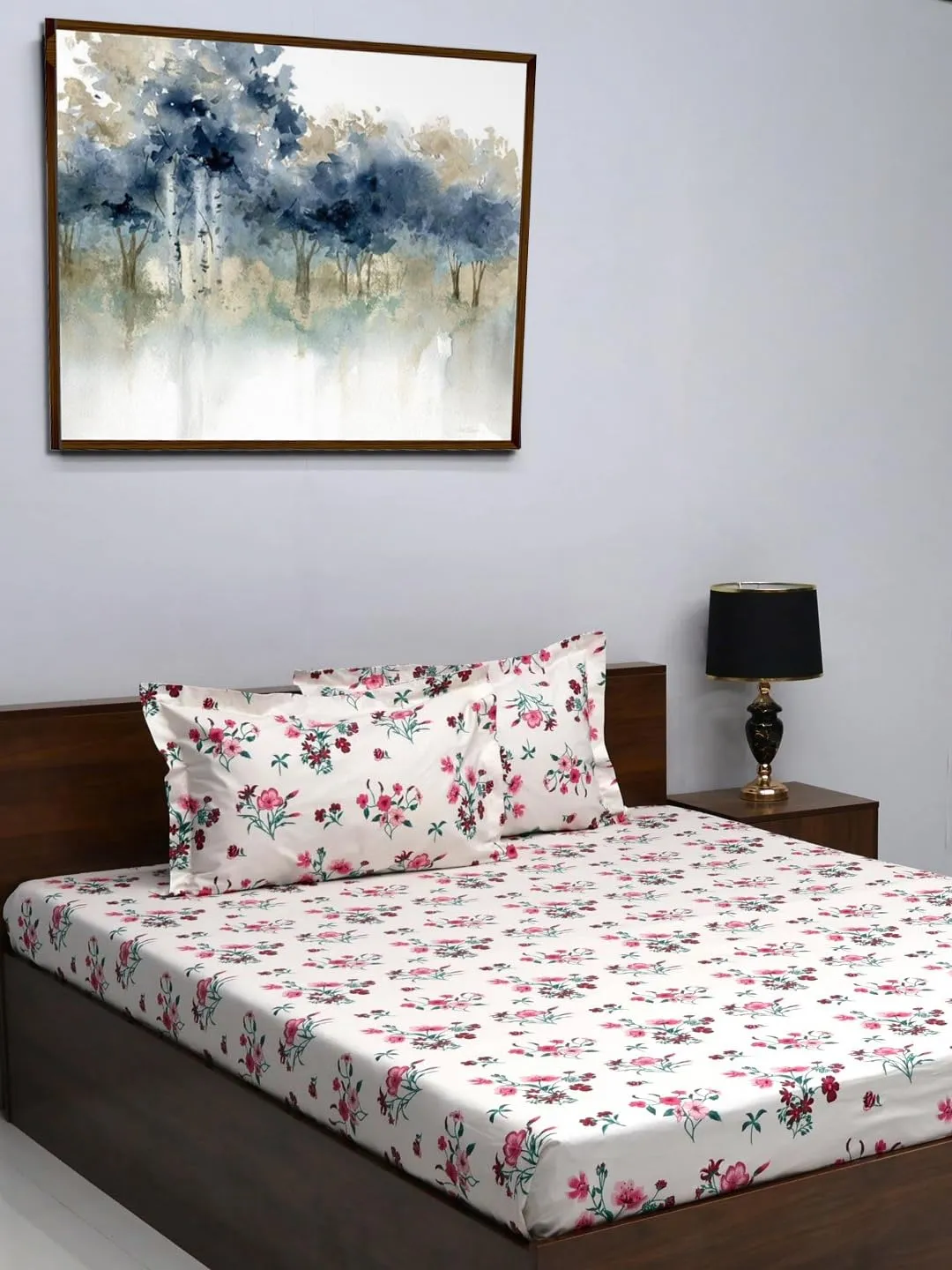 Bombay Dyeing Maple Super Queen Bedsheet Set, Floral Print, White