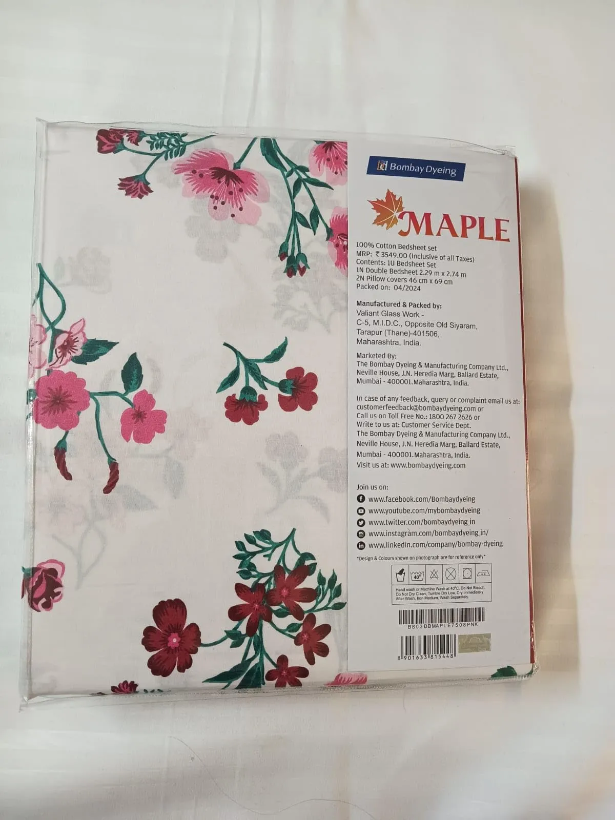 Bombay Dyeing Maple Super Queen Bedsheet Set, Floral Print, White