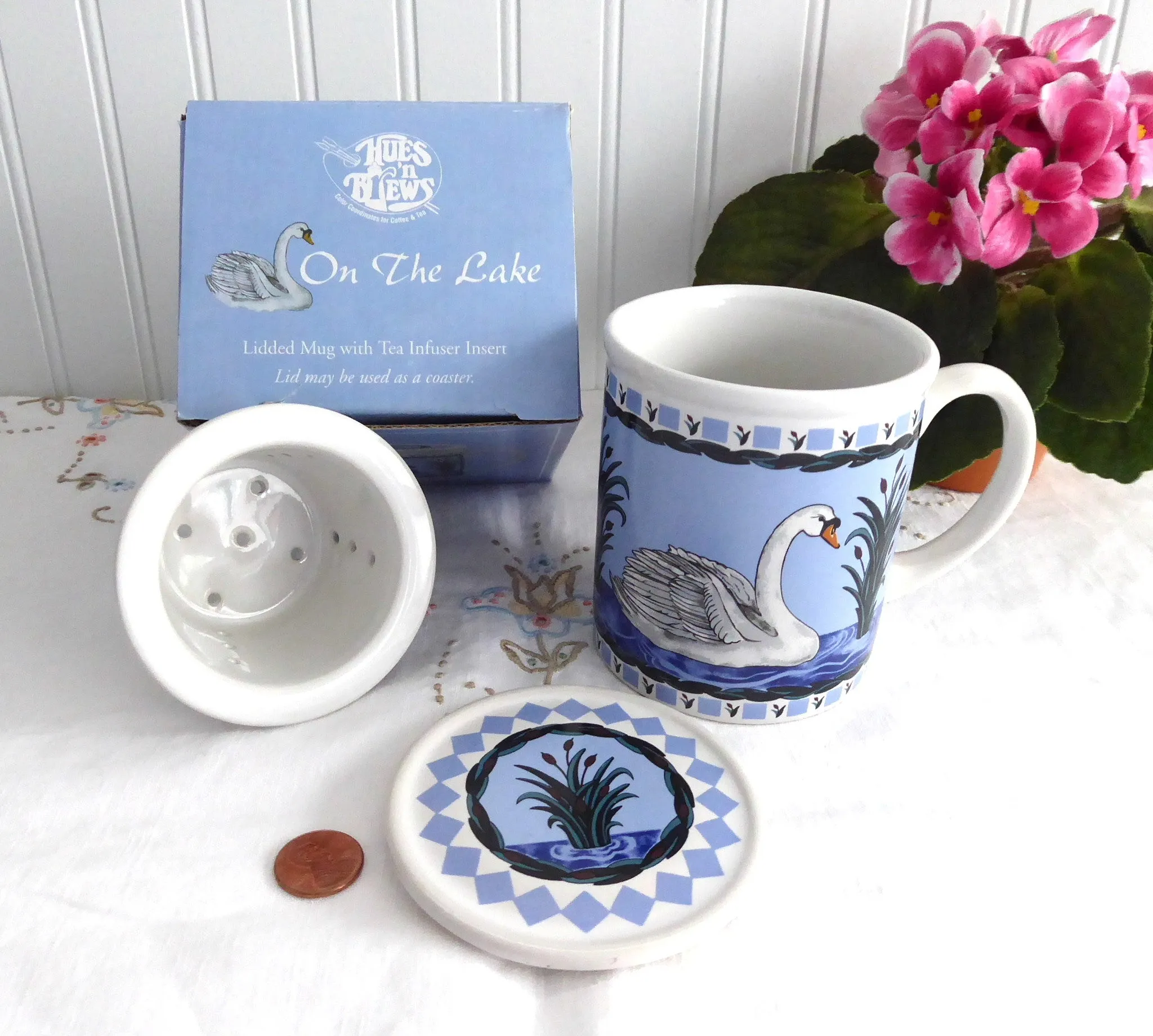 Boxed Swan Tea Mug With Infuser And Coaster Birds Blue And White Blue And White Infuser Mug