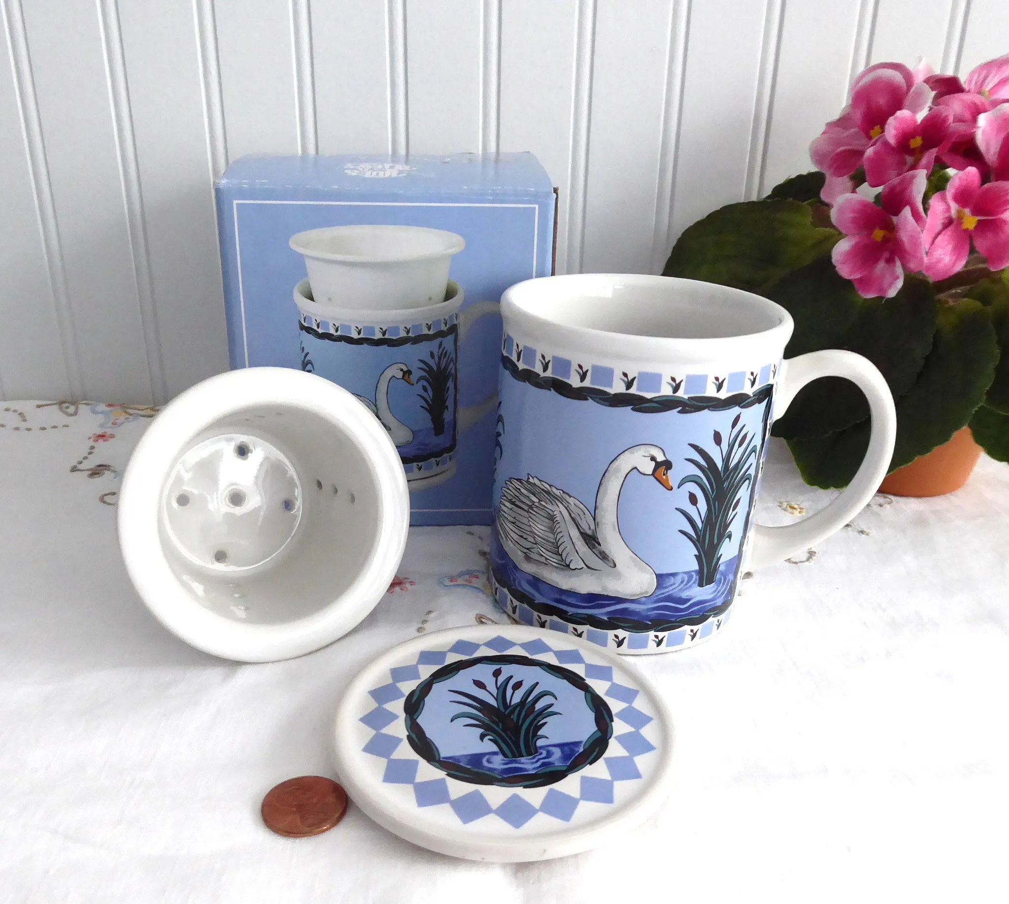 Boxed Swan Tea Mug With Infuser And Coaster Birds Blue And White Blue And White Infuser Mug