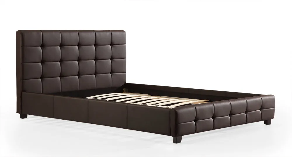 Brown PU Leather Double Bed Frame with Tufted Headboard