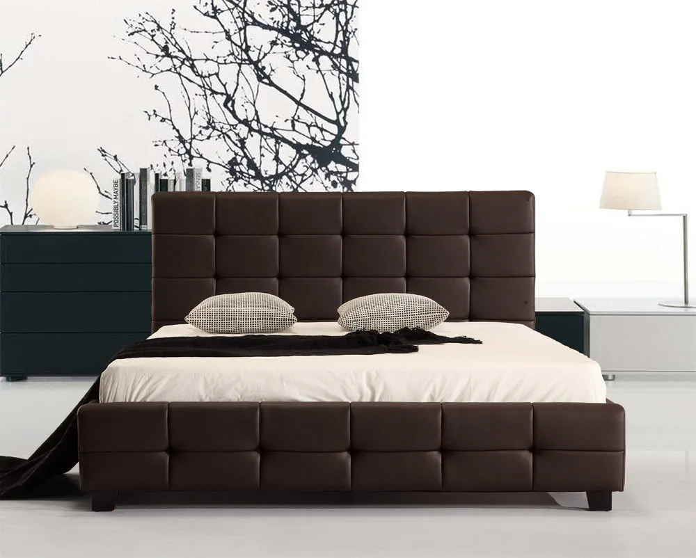 Brown PU Leather Double Bed Frame with Tufted Headboard