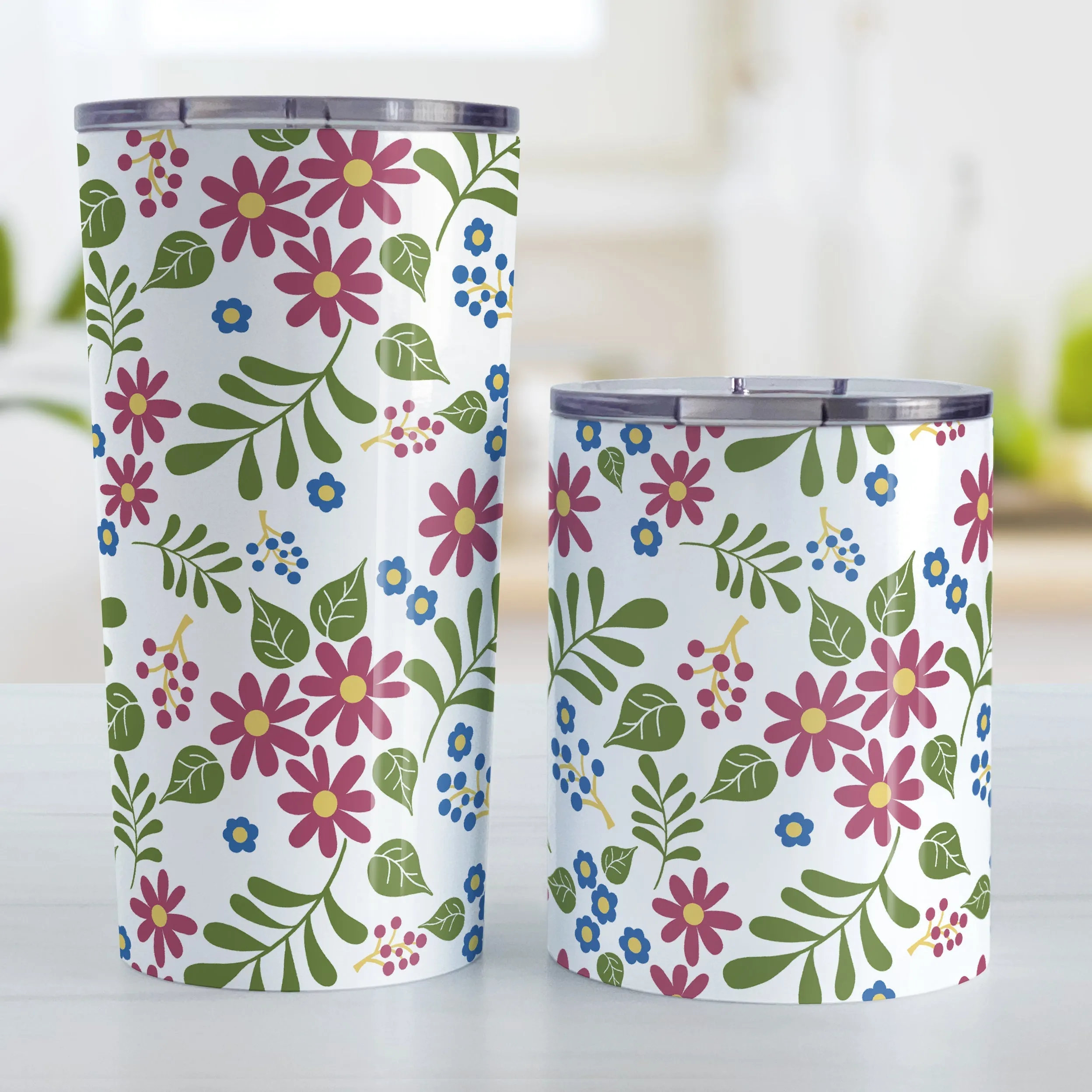 Burgundy Blue Green Flowers Pattern Tumbler Cup