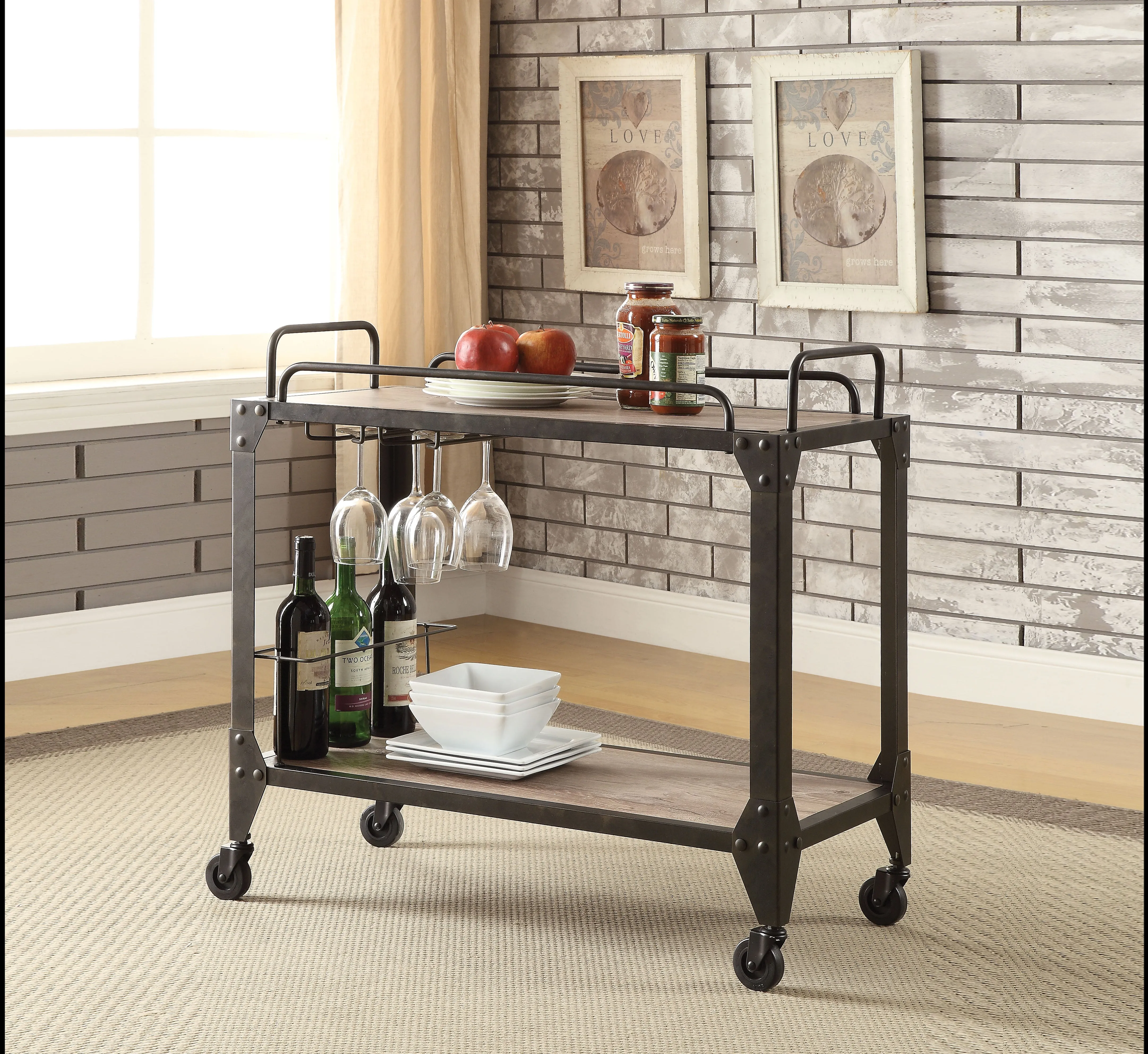 Caitlin Rustic Oak & Black Serving Cart