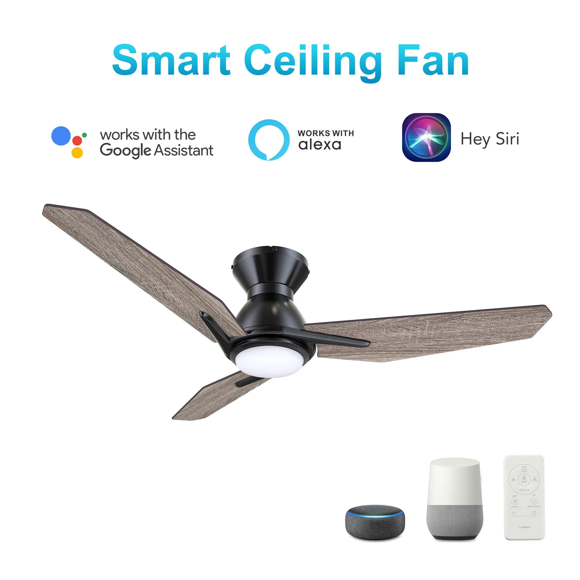 CALEN 44 inch 3-Blade Flush Mount Smart Ceiling Fan with LED Light Kit & Remote Control- Black/Natural Oak