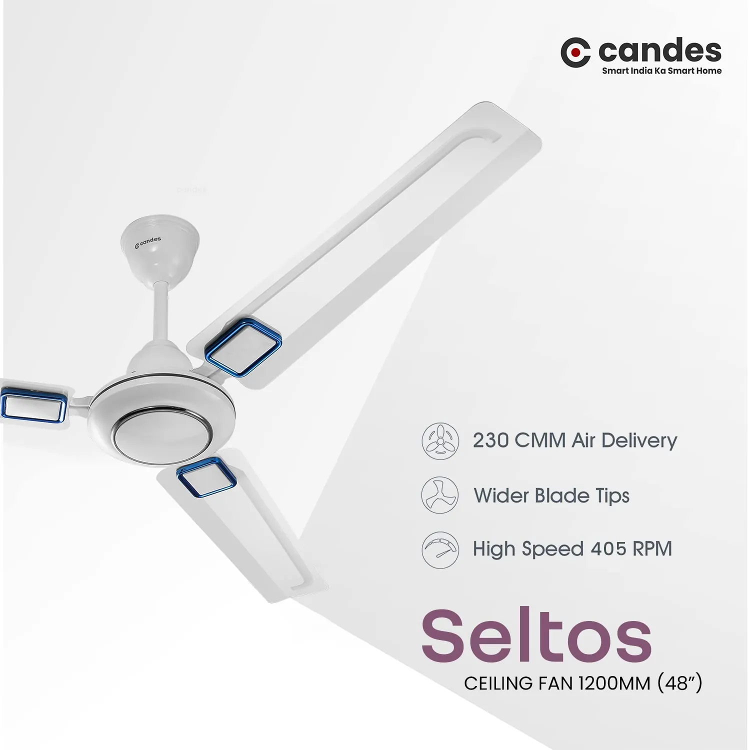 Candes Seltos 1200mm/48 inch High Speed Anti-dust Decorative 405 RPM, 3 Star Rated Ceiling Fan with 2 Yrs Warranty (White Blue)