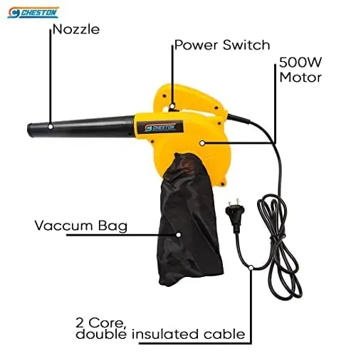 Cheston 500W 2 in 1 Air Blower and Vacuum Cleaner for Home 13000 r/min Copper Wiring Electric Blower (Yellow)   5 Meter Extension 2 Pin CordCapacity Upto 1000W (Yellow)