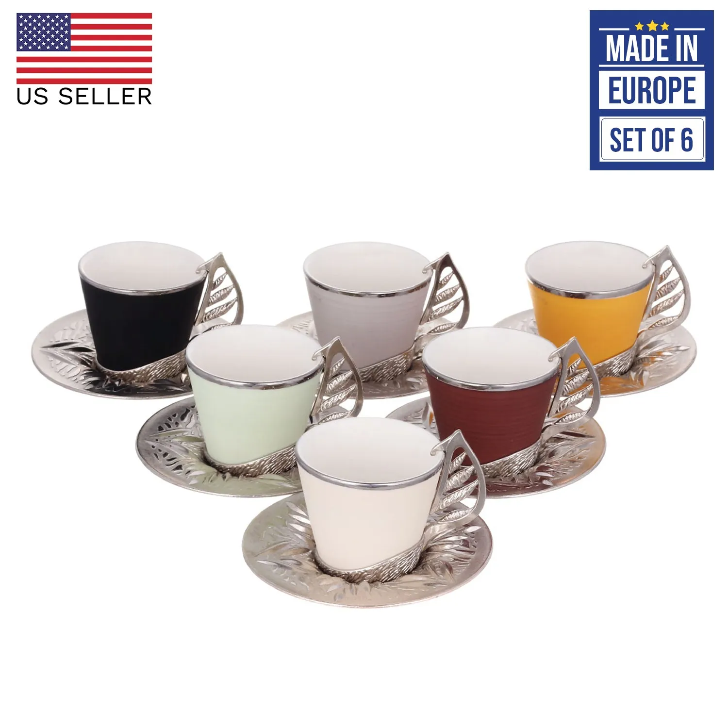 Colorful Coffee Cup Set for 6 People with Stand, 19 Pcs, 2.36 Oz