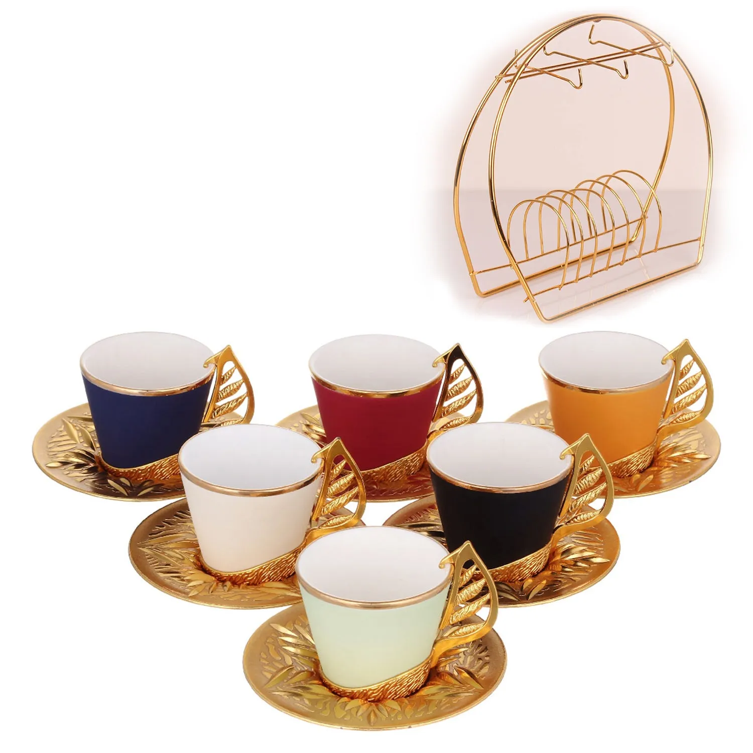 Colorful Coffee Cup Set for 6 People with Stand, 19 Pcs, 2.36 Oz