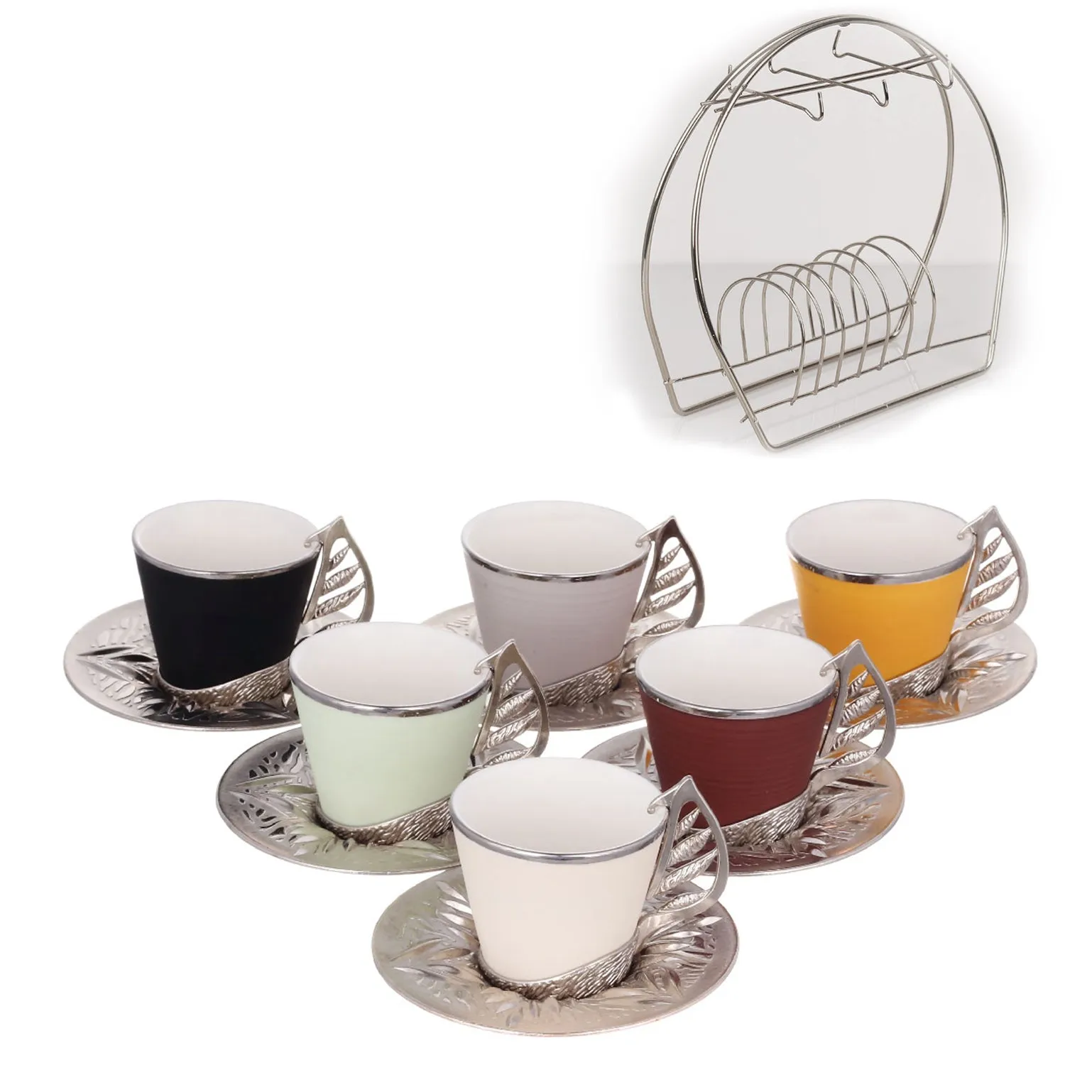 Colorful Coffee Cup Set for 6 People with Stand, 19 Pcs, 2.36 Oz