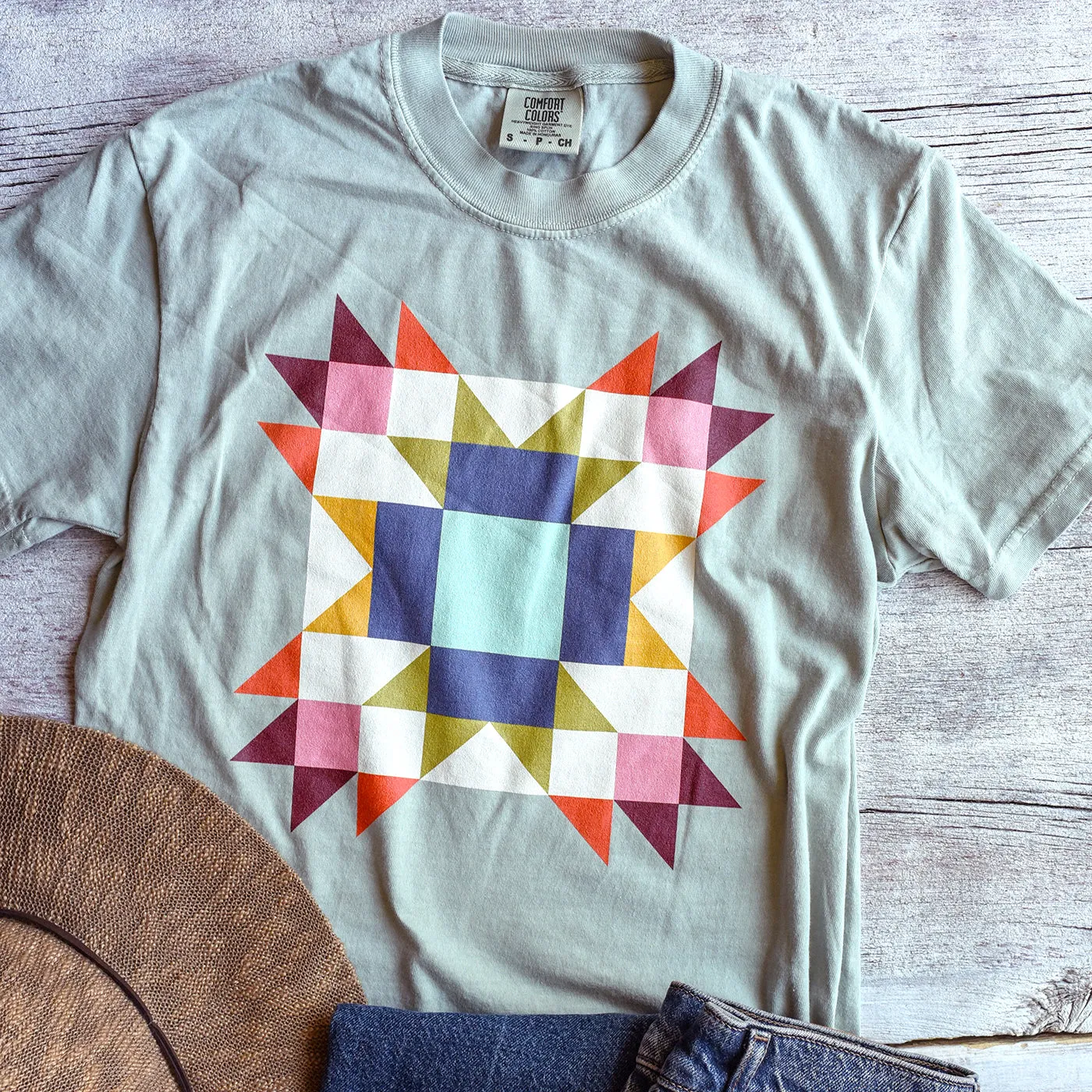 Colorful Quilt Block Comfort Colors 100% Cotton Tee / T shirt