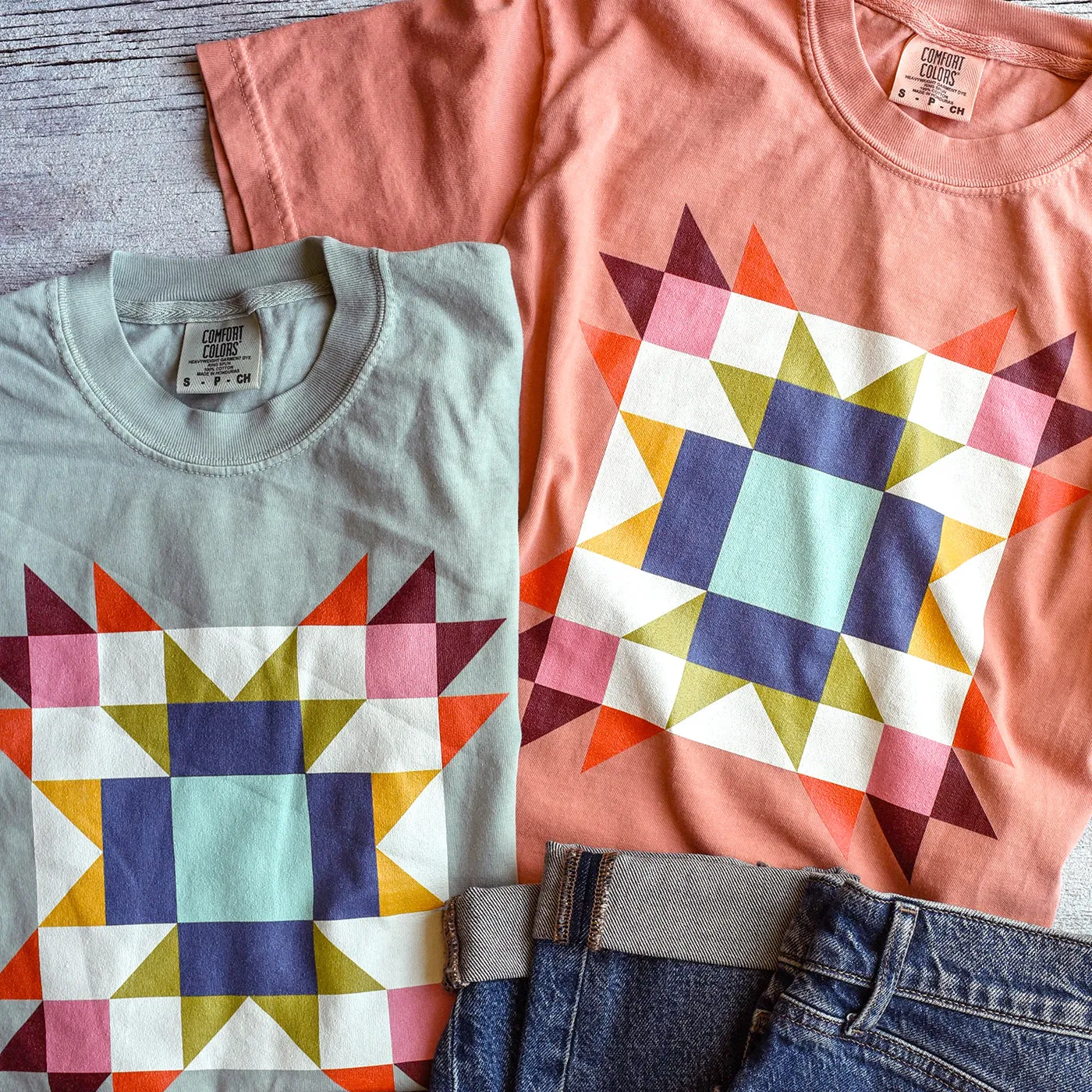 Colorful Quilt Block Comfort Colors 100% Cotton Tee / T shirt