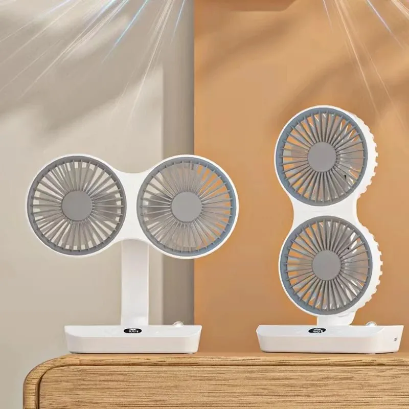 Dual Head Oscillating Table Fan – Portable USB Rechargeable with 4000mAh Battery & 4-Speed Cooling Power