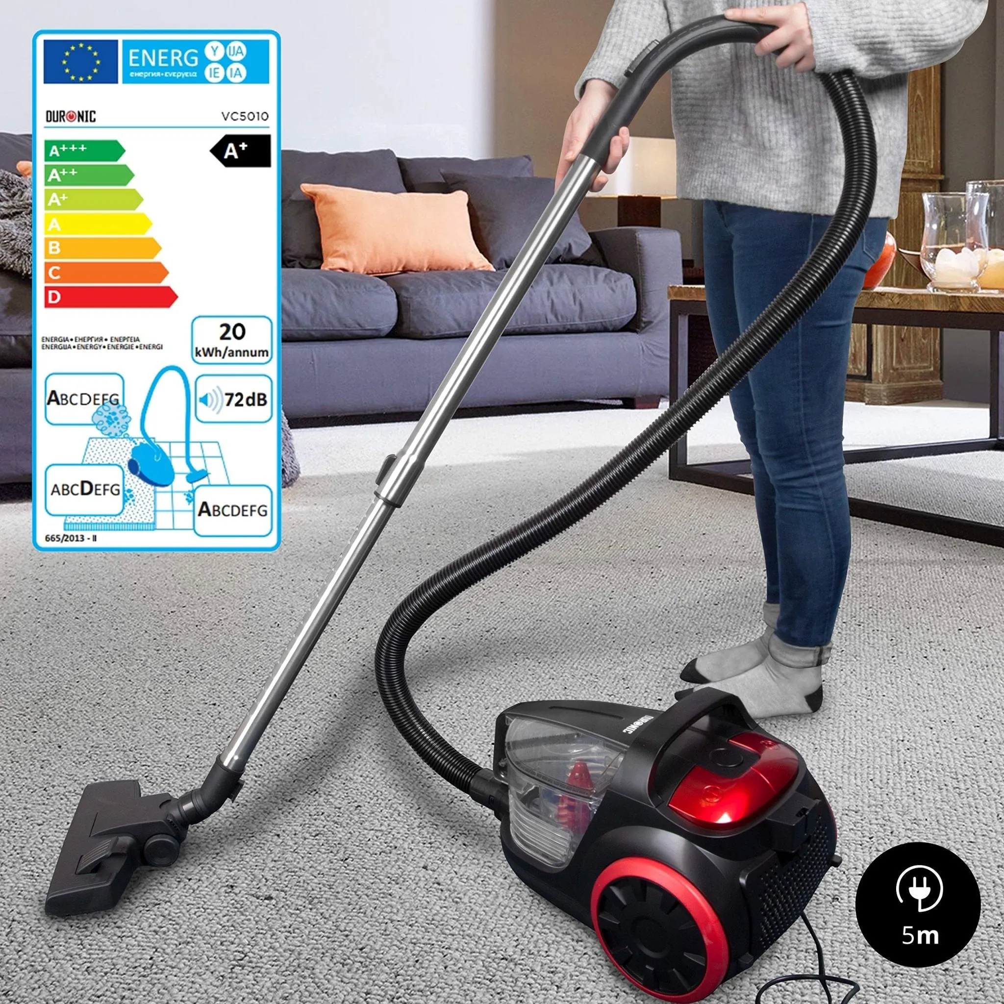 Duronic Bagless Cylinder Vacuum Cleaner VC5010, Cyclonic Carpet and Hard Floor Cleaner, 500W, Lightweight and Low Noise, HEPA Filter, Extendable Hose, Comes with 4 Attachments [Energy Class A ]