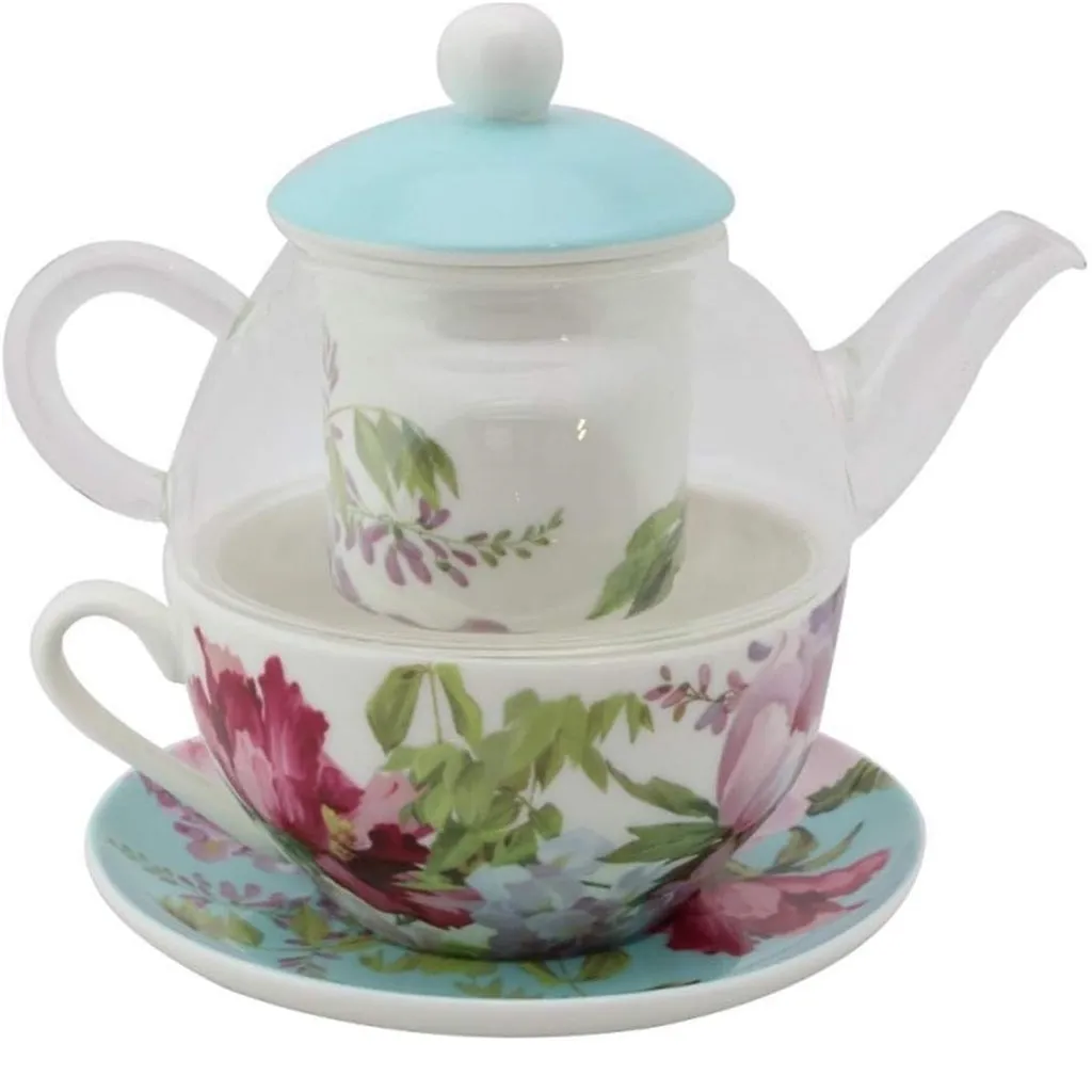 Floral Mist Blue See Through Glass Tea for 1, 5 Piece Set Includes Floral Decorate Infuser