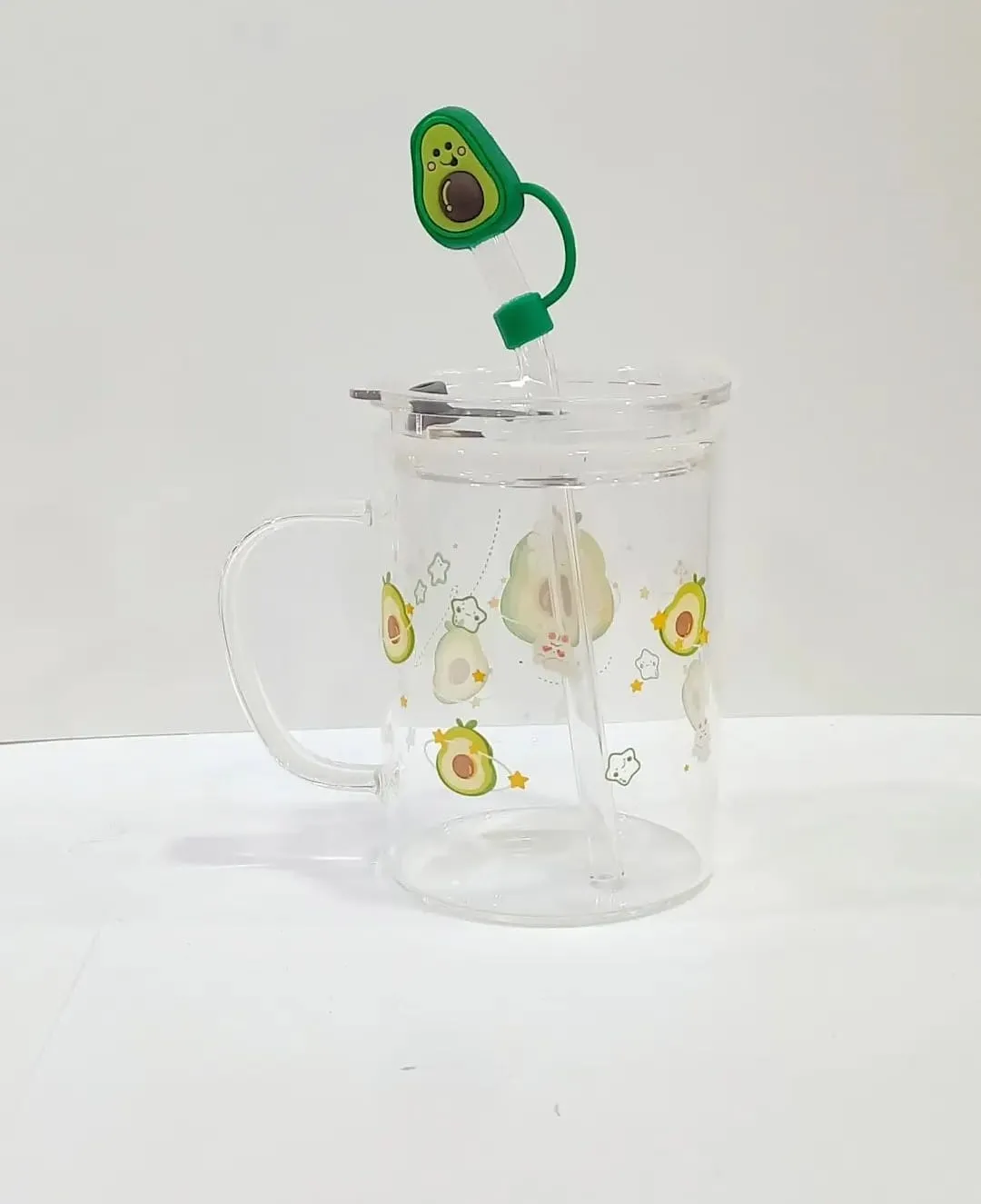 Fruit Glass Cup with Silicone Lid and Glass Straw Glass Water Cup