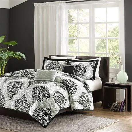 Full - Queen 5-Piece Black White Damask Print Comforter Set