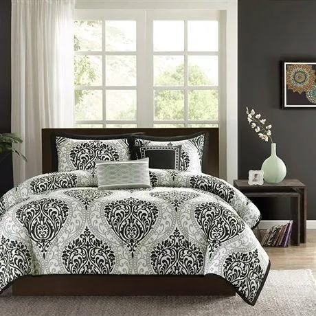 Full - Queen 5-Piece Black White Damask Print Comforter Set