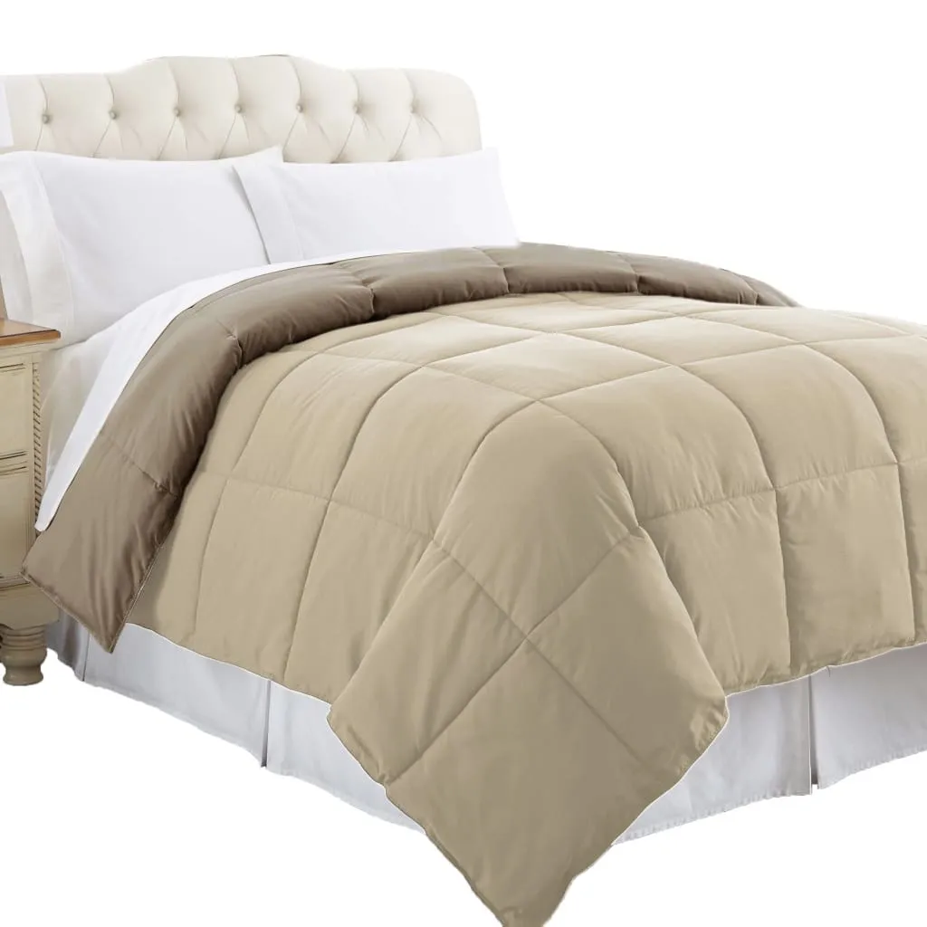 Genoa Queen Size Box Quilted Reversible Comforter By Casagear Home, Brown and Gold