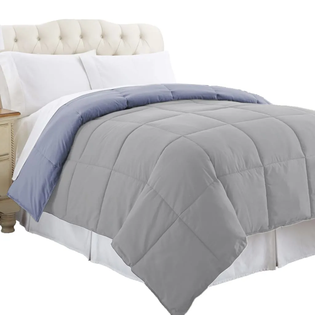 Genoa Queen Size Box Quilted Reversible Comforter By Casagear Home, Silver and Blue