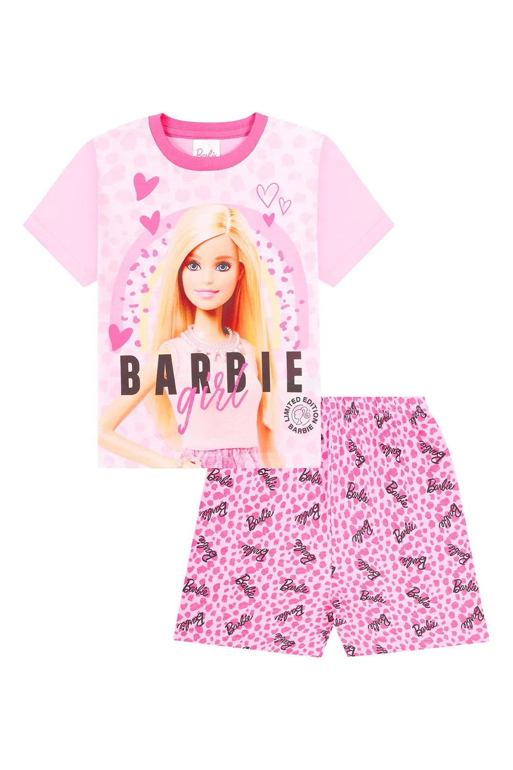 Girls Barbie Girl Short Leopard Print Pink Pyjamas 3 To 10 Years