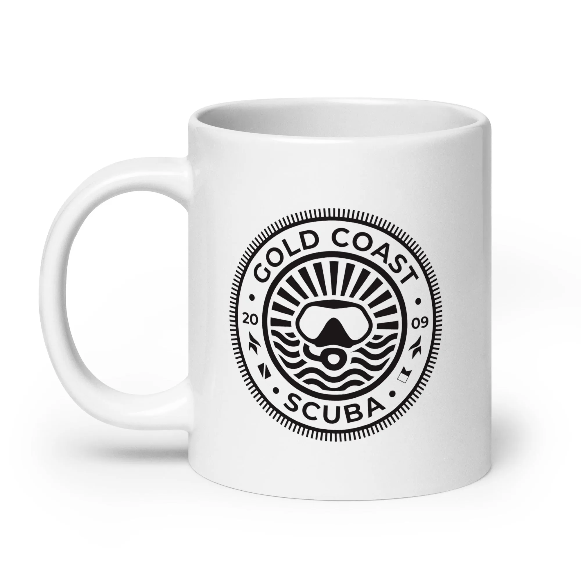 Gold Coast Scuba White Glossy Mug - "But First Coffee"