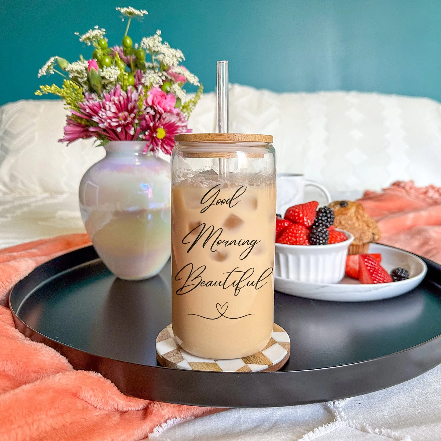 Good Morning Beautiful Coffee Cup - Inspirational Iced Coffee Glass Can Tumbler - Morning Motivational Quotes