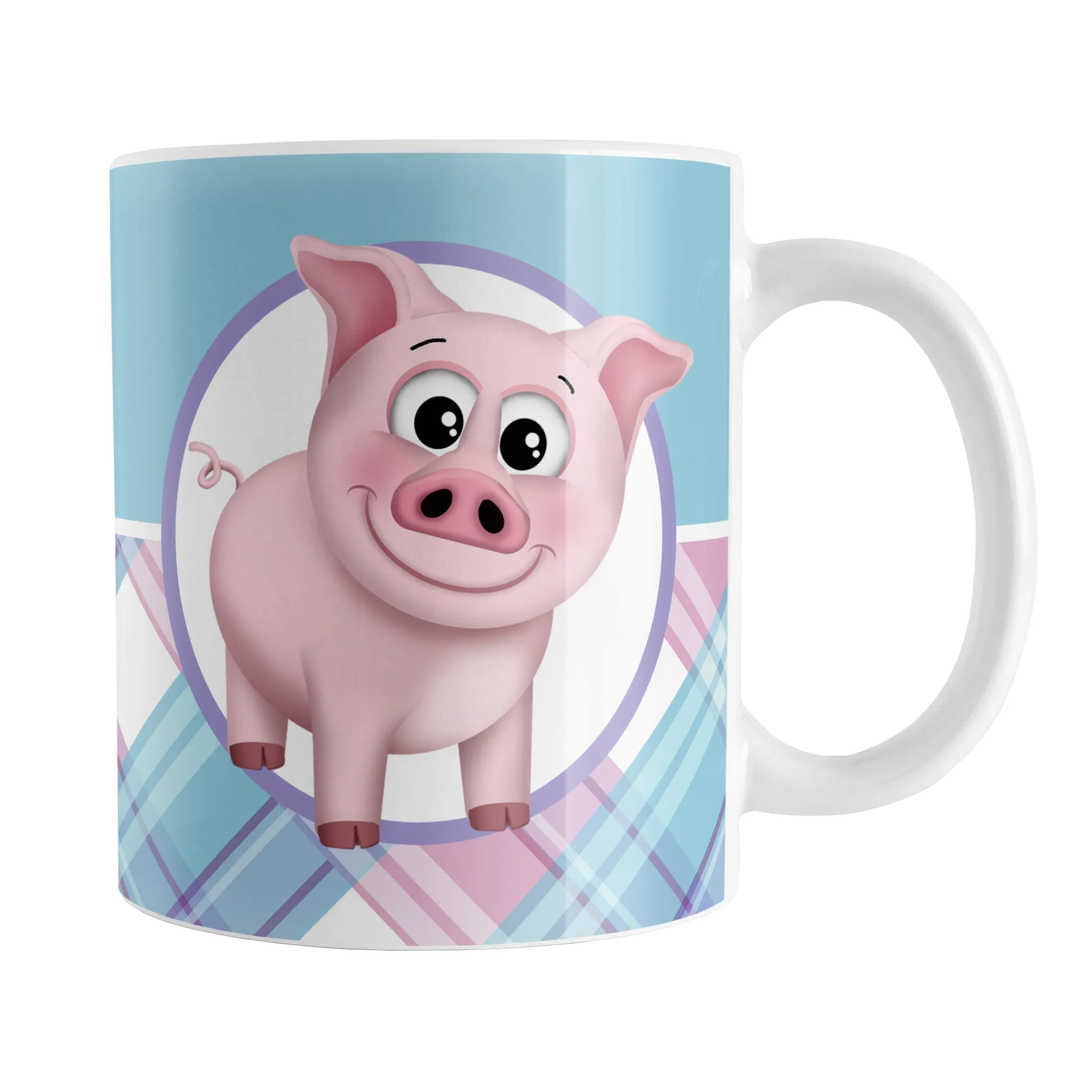 Happy Pink Pig with Plaid Pattern Mug