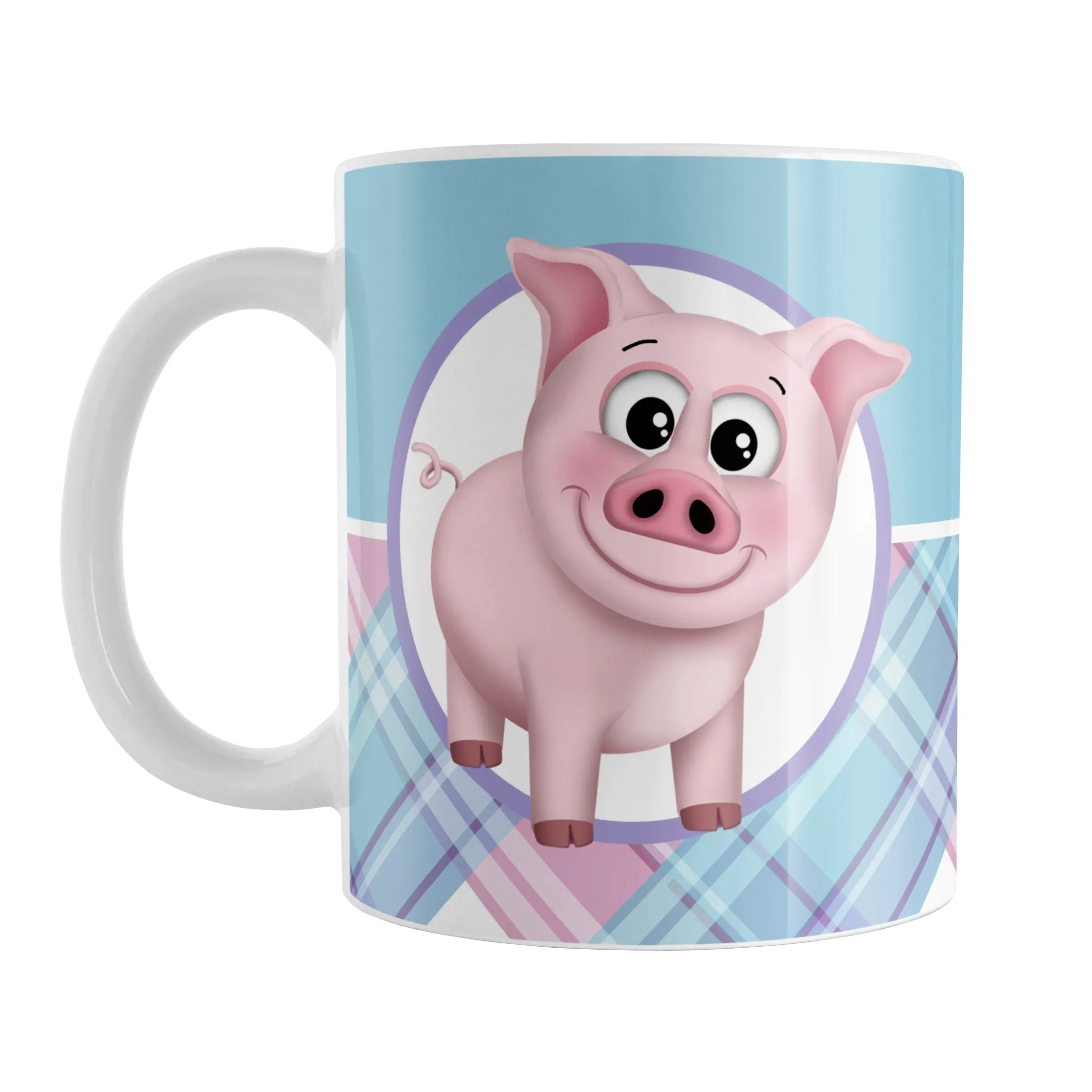 Happy Pink Pig with Plaid Pattern Mug