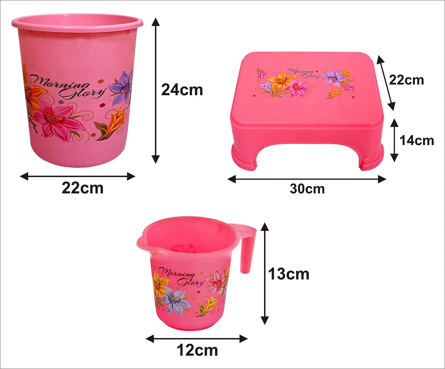 Heart Home Printed 3 Pieces Plastic Mug, Dustbin & Stool Set (Pink)