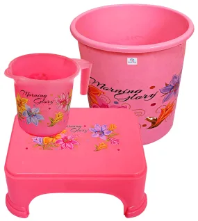 Heart Home Printed 3 Pieces Plastic Mug, Dustbin & Stool Set (Pink)