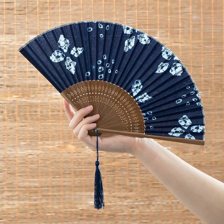 Indigo Folding Hand Fan 【Lucky Clover】