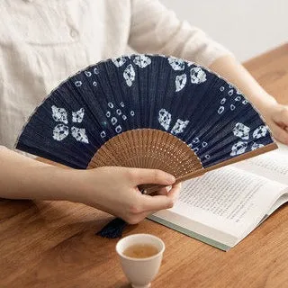 Indigo Folding Hand Fan 【Lucky Clover】