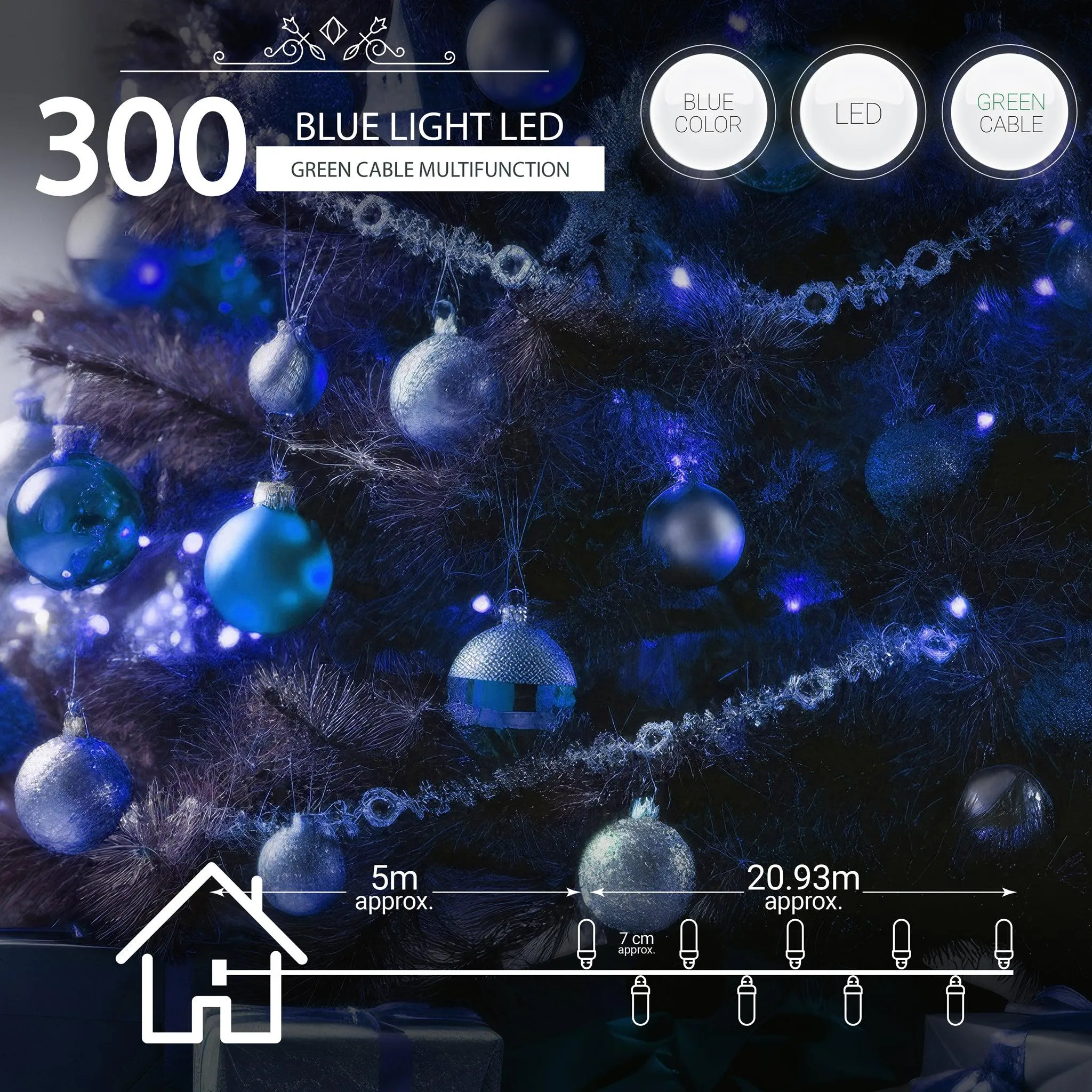 Indoor/Outdoor 8 Function LED Waterproof Fairy Lights with Green Cable (300 Lights - 25M Cable) - Blue