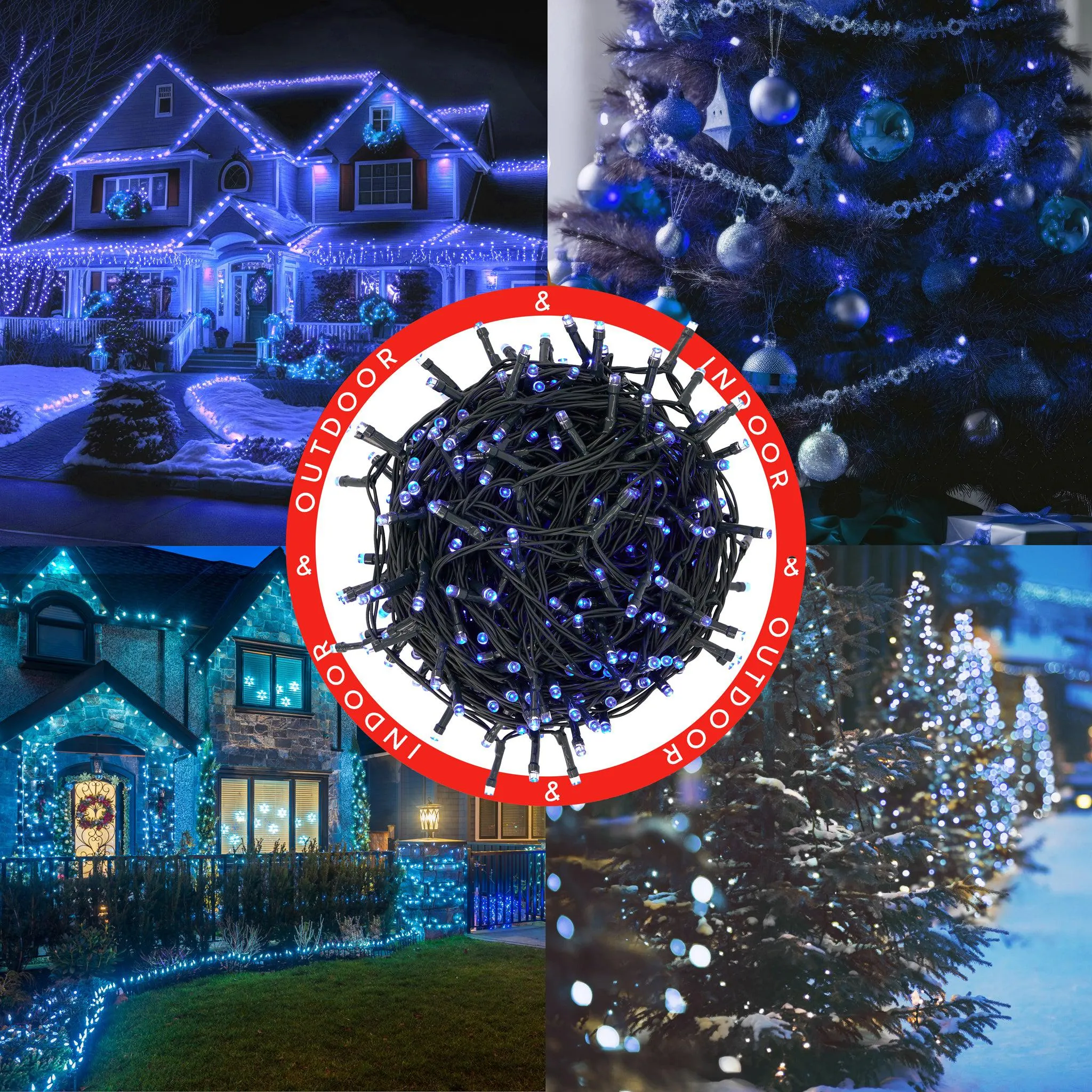 Indoor/Outdoor 8 Function LED Waterproof Fairy Lights with Green Cable (300 Lights - 25M Cable) - Blue