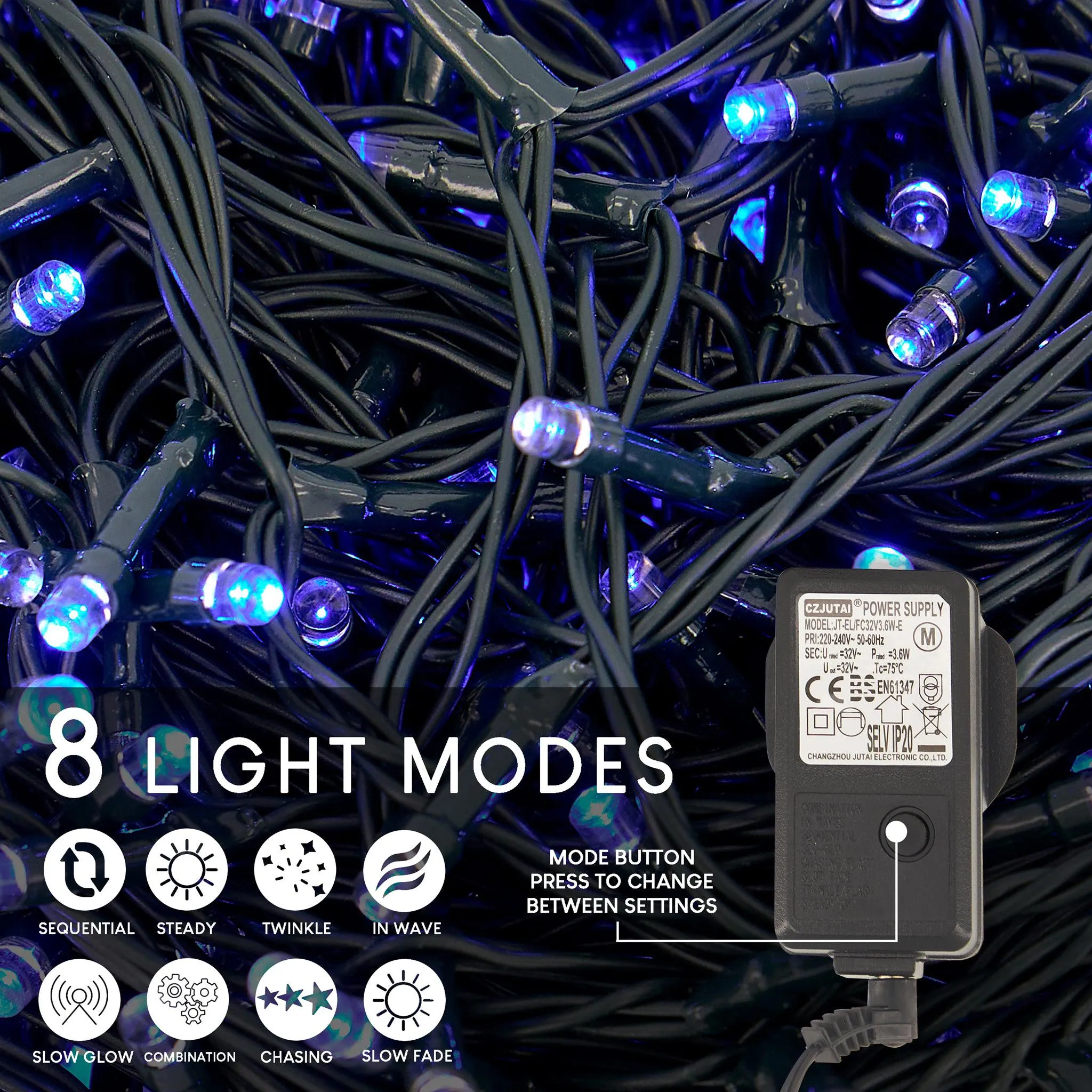 Indoor/Outdoor 8 Function LED Waterproof Fairy Lights with Green Cable (300 Lights - 25M Cable) - Blue