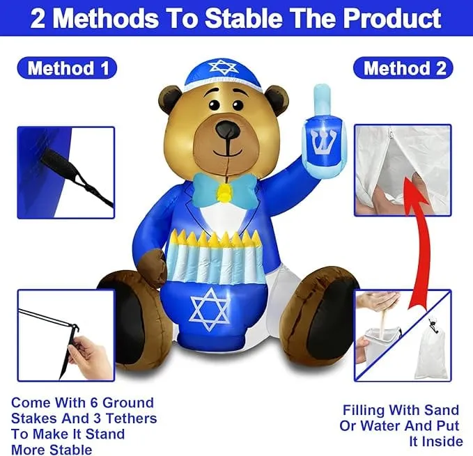 Inflatable Bear Decoration Holding a Dreidel and Menorah LED 6 Foot