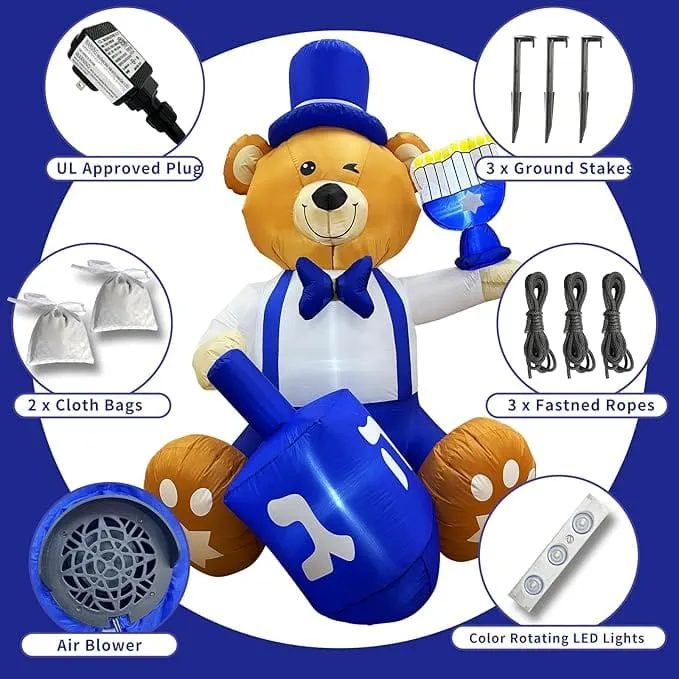 Inflatable Bear Decoration Holding a Dreidel and Menorah LED 6 Foot