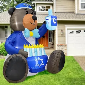 Inflatable Bear Decoration Holding a Dreidel and Menorah LED 6 Foot