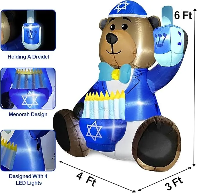 Inflatable Bear Decoration Holding a Dreidel and Menorah LED 6 Foot