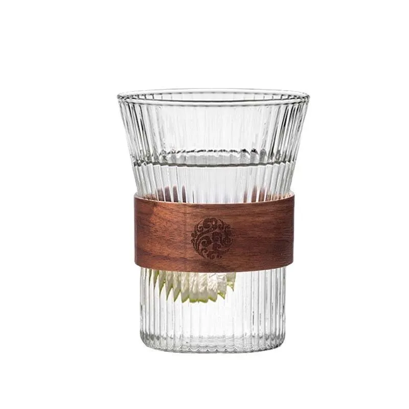 Japanese Style Glass Coffee Cups with Walnut Sleeve