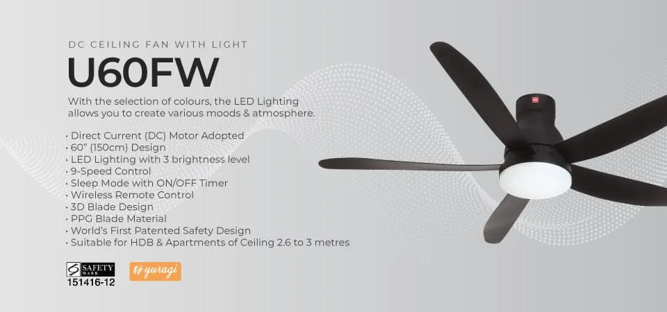 KDK U60FWL White/Black 150cm DC Ceiling Fan With Led light * Long Rod *