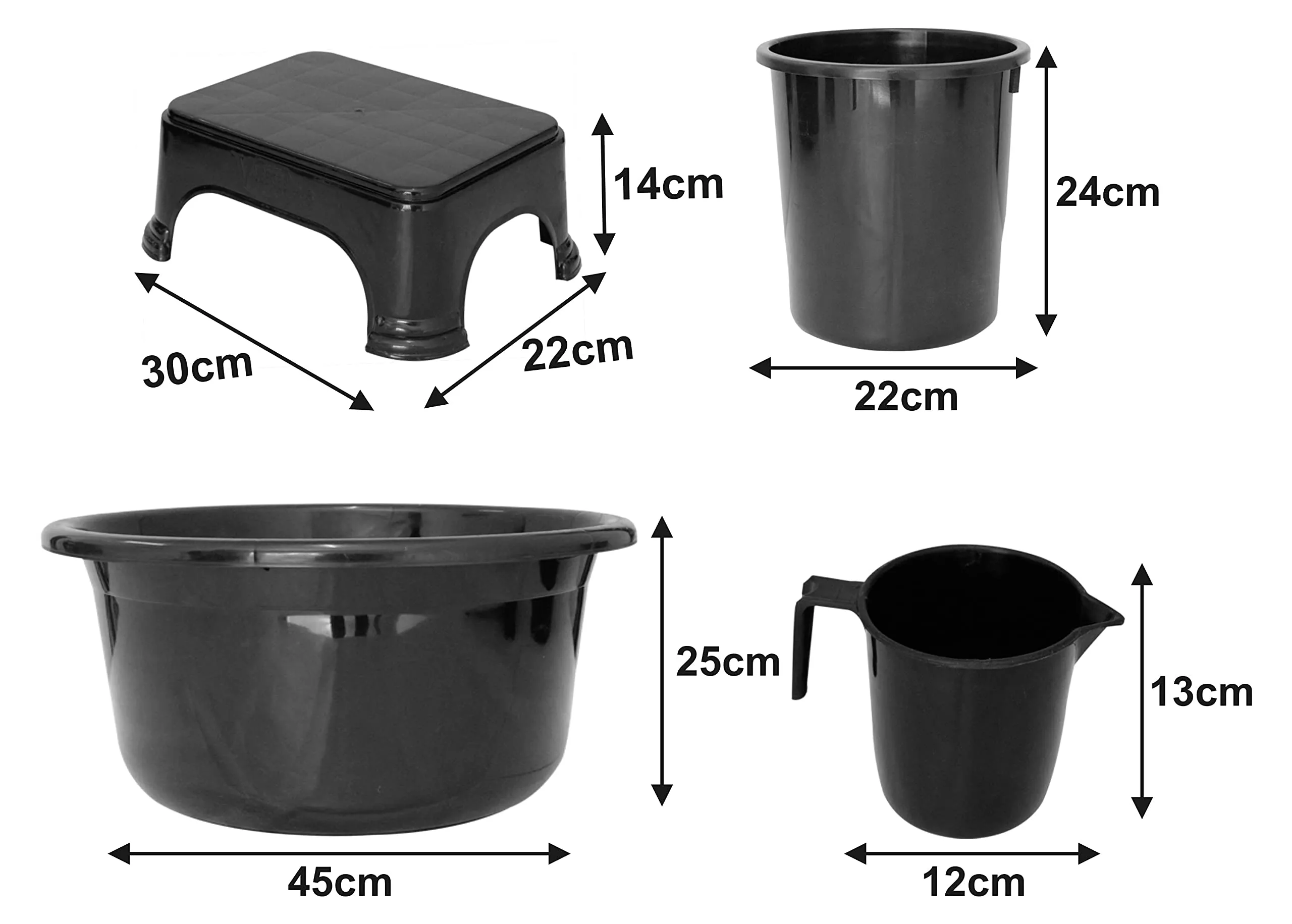 Kuber Industries 4 Pieces Plastic Mug, Stool, Dustbin & Tub Set (Black)