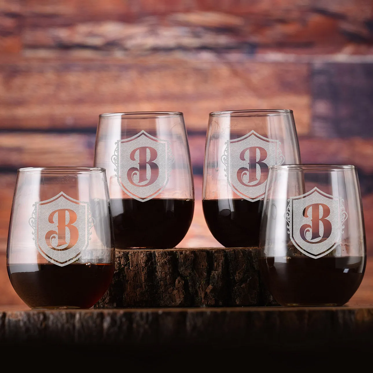 Laser Etched Monogram Stemless Wine Glass Gift Set of 4