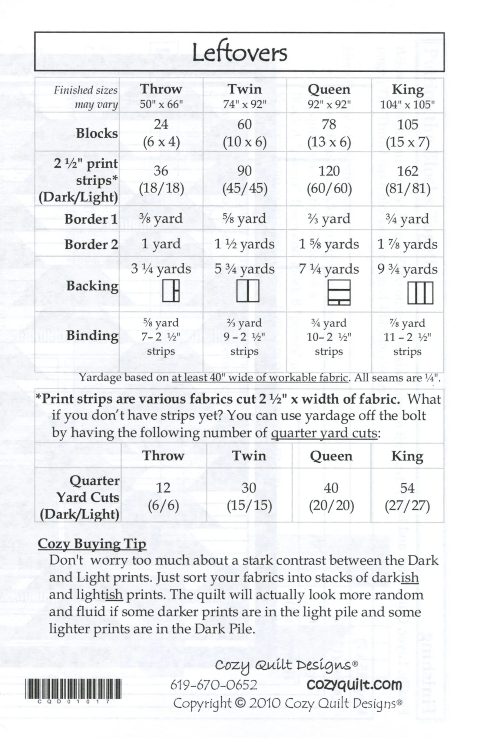 Leftovers: A Strip Pattern for 2 1/2" Strips by Cozy Quilt Designs # CQD01017