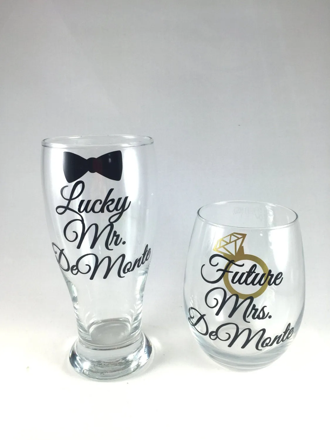 Lucky Mr. Pilsner Glass and Future Mrs Stemless Wine Glass Set