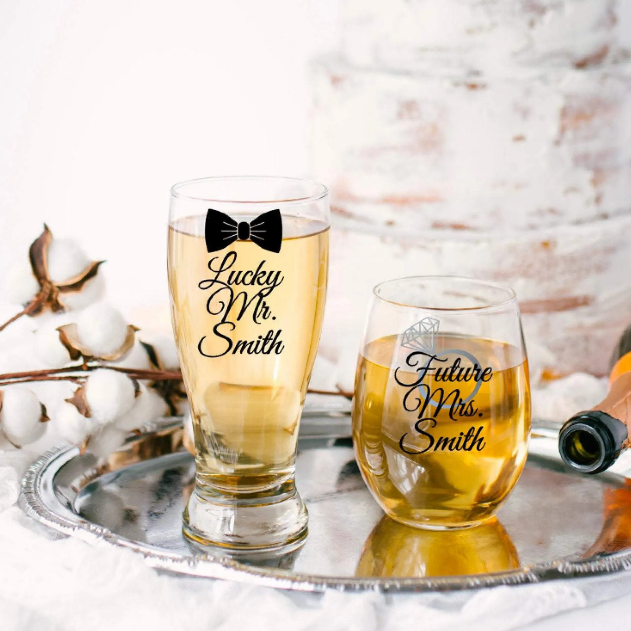 Lucky Mr. Pilsner Glass and Future Mrs Stemless Wine Glass Set