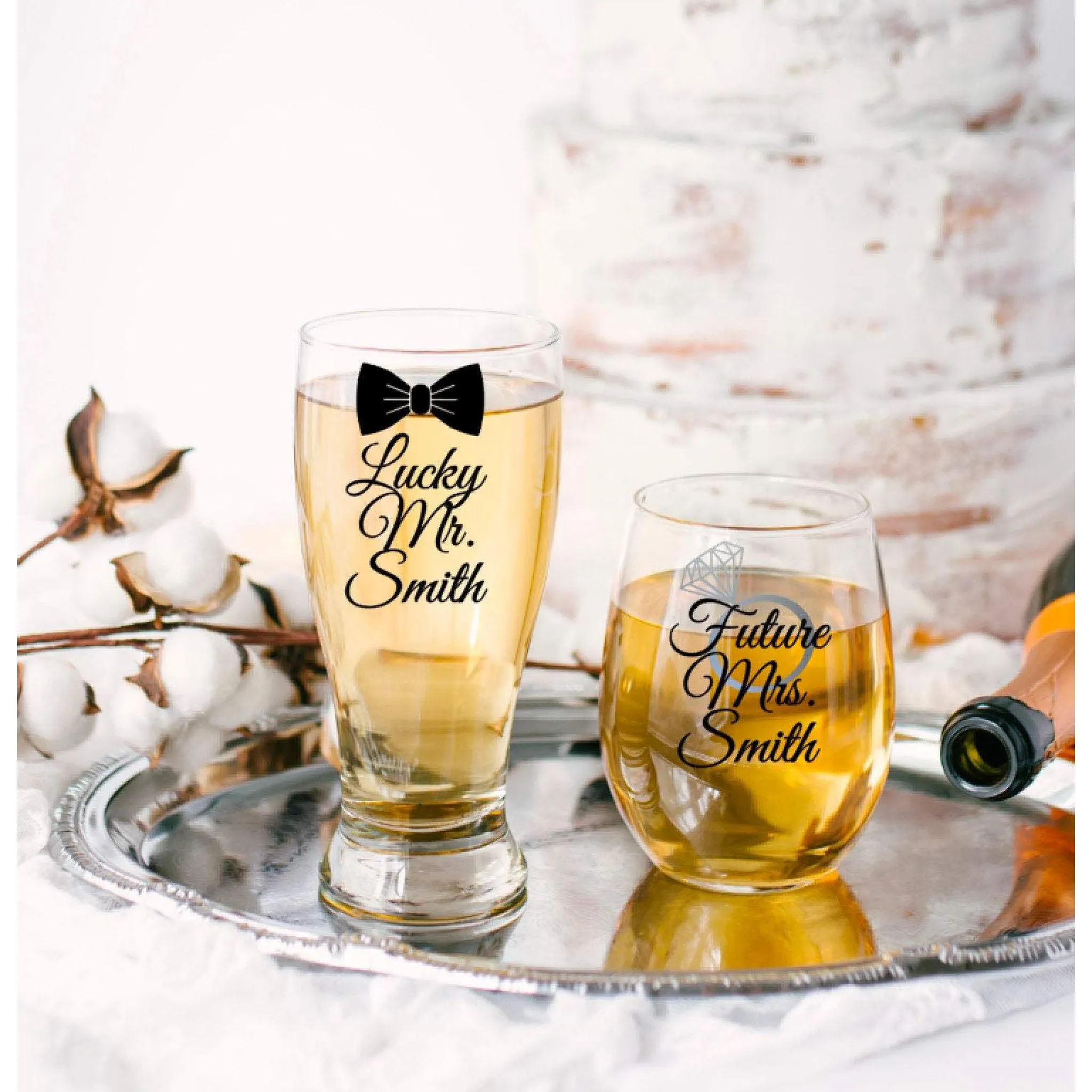 Lucky Mr. Pilsner Glass and Future Mrs Stemless Wine Glass Set