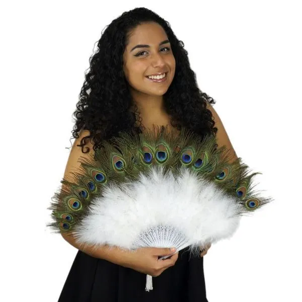 Marabou Peacock Feather Fan - White