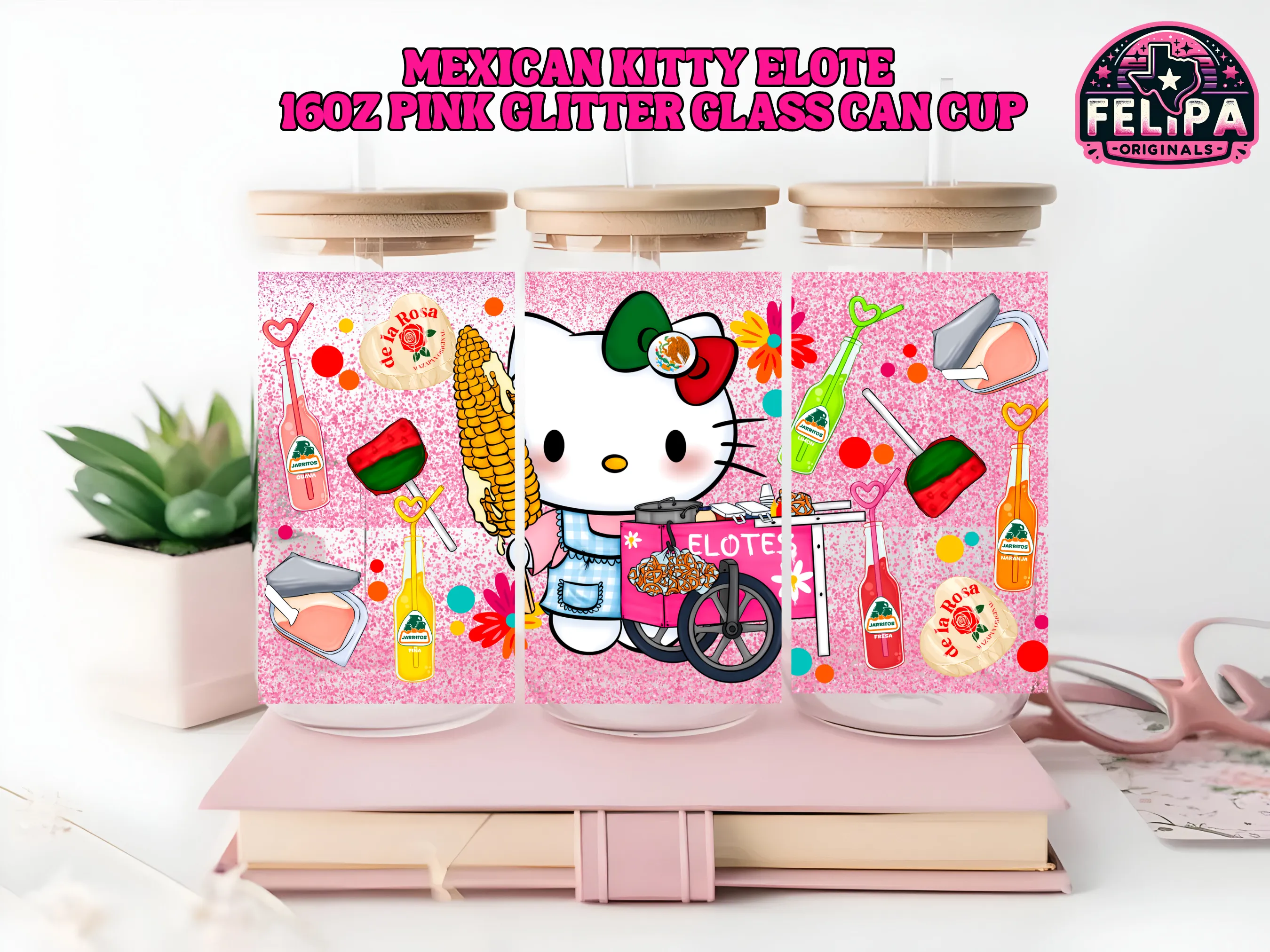 Mexican Kitty Elote 16oz Pink Glitter Glass Cup